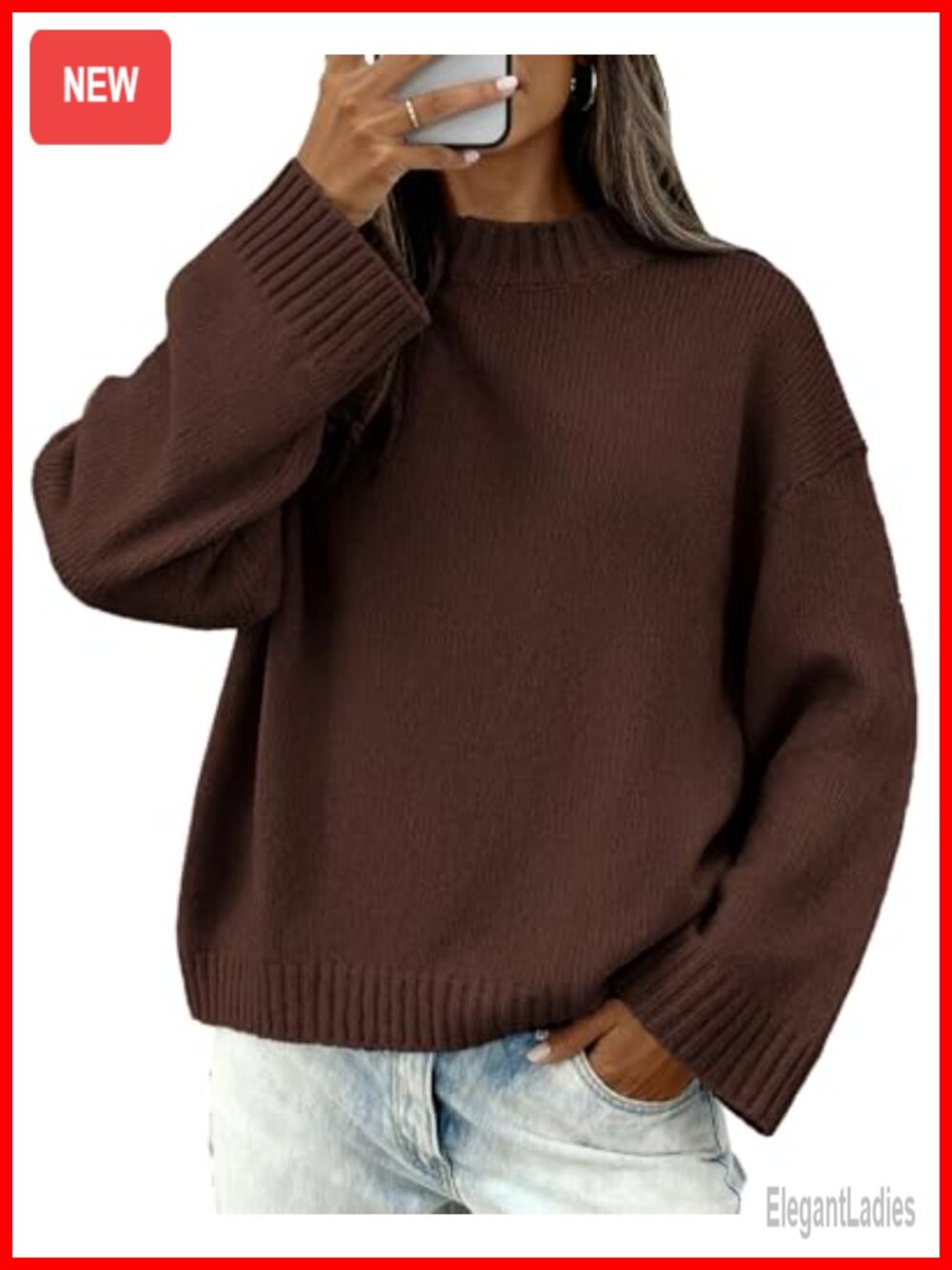Womens Crewneck Loose Fit Ribbed Knit Pullover Sweater